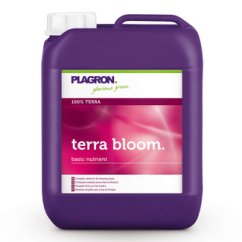 Fialový plastový kanystr Plagron Terra Bloom 5L s růžovo-bílým designem etikety, půdní hnojivo na květ pro podporu produkce velkých květů