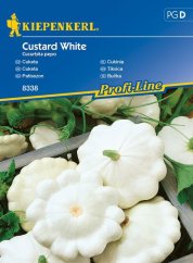 Opakowanie nasion Kiepenkerl Cukinia Custard White z obrazkiem białych talerzowatych owoców cukinii z zielonymi liśćmi na drewnianej desce Opakowanie nasion Kiepenkerl Cukinia Custard White z obrazkiem białych talerzowatych owoców cukinii z zielonymi liśćmi na drewnianej desce