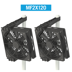 Чорний подвійний вентилятор Monkey Fan MF2X120 з двома 12см вентиляторами в пластиковому корпусі, закріплений на білих стрижнях за допомогою металевих затискачів