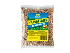 Plastikowy worek z mieszanką traw GRASS uniwersalny 500g, zawiera brązowe nasiona trawy, niebieską i żółtą etykietę z logo, kod kreskowy Plastikowy worek z mieszanką traw GRASS uniwersalny 500g, zawiera brązowe nasiona trawy, niebieską i żółtą etykietę z logo, kod kreskowy