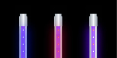 DIMLUX LED XPLORE SERIES NIR ADD-ON 2x25W - tři vertikální LED světelné trubice s fialovým a růžovým spektrem na černém pozadí