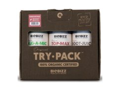 BioBizz Trypack Stimulant sada tří organických doplňků v hnědé kartónové krabici s průhlednými okýnky obsahující Alg-A-Mic, Top-Max a Root-Juice