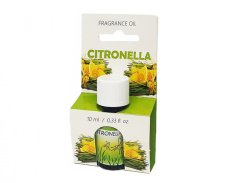 Witte doos met CITRONELLA etherische olie 10 ml, groene glazen fles met witte dop, illustratie van citronellagras en gele bloemen