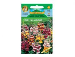 Verpakking van Hledík lage grootbloemige zaadmengsel Mix van Nohel Garden met afbeelding van veelkleurige bloemen in tinten roze, geel en rood