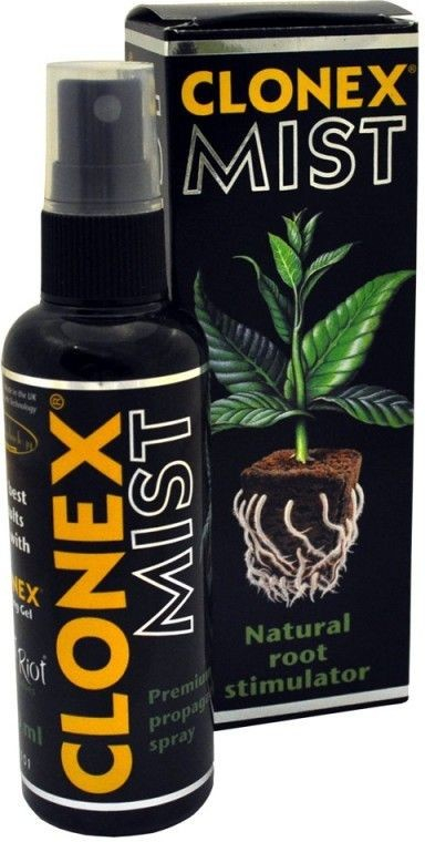 Clonex Mist 300ml kořenový stimulátor v černé plastové lahvičce s rozprašovačem a barevnou krabičkou se zelenou rostlinou a kořeny