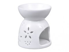Біла керамічна аромалампа класичної форми з квітковими прорізами та крапками, миска зверху, отвір для свічки знизу, розміри 9x7,5см