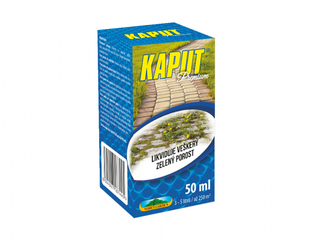 Herbicid KAPUT PREMIUM v modré krabičce 50ml s obrázkem zámkové dlažby a zeleného porostu, totální neselektivní přípravek na hubení vegetace