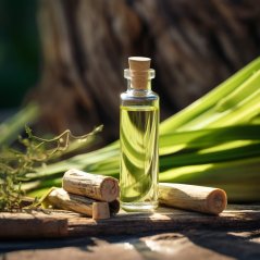Kleine Glasflasche mit Korkverschluss, gefüllt mit goldgelbem Bio-Calamus-Ätherischem Öl auf Holzuntergrund mit frischen grünen Blättern Kleine Glasflasche mit Korkverschluss, gefüllt mit goldgelbem Bio-Calamus-Ätherischem Öl auf Holzuntergrund mit frischen grünen Blättern