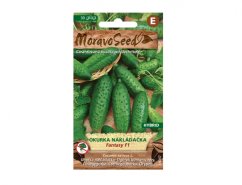 Paket sjemenja krastavca nakladača Fantasy F1 od brenda Moravo Seed s prikazom zelenih malih krastavaca, hibrid s 30 sjemenki otporan na plijesan