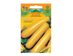 Zucchini seed package Golden with image of gold-yellow elongated fruits, orange and green packaging with Nobel Garden logo and text