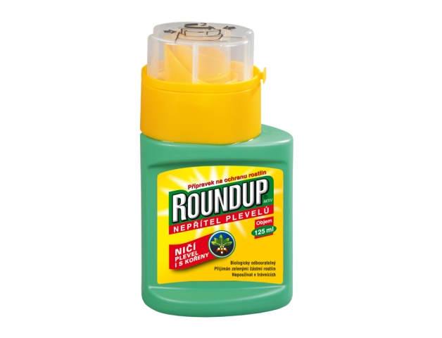 Roundup aktiv 125ml herbicid v zelené plastové lahvičce se žlutým víčkem a dávkovačem, osvědčený likvidátor plevele pro zahradu