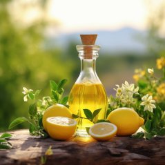 Glasflasche mit gelbem BIO-Zitronenöl mit Korkverschluss zwischen frischen Zitronen und weißen Blüten auf Holzoberfläche in der Natur Glasflasche mit gelbem BIO-Zitronenöl mit Korkverschluss zwischen frischen Zitronen und weißen Blüten auf Holzoberfläche in der Natur