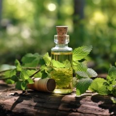 Sticlă mică de sticlă cu ulei esențial auriu și dop de plută între frunze verzi proaspete de melisă în mediu natural