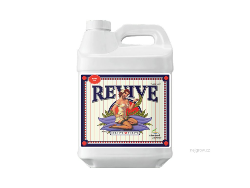 Bílá plastová láhev s uchem Advanced Nutrients Revive 500ml s barevným etiketem zobrazujícím postavu, slouží k uzdravení rostlin a obnově energie
