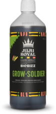 BioBizz JuJu Royal Grow-Soldier 1L - černá plastová láhev s bílým uzávěrem a pestrobarevným etiketem s korunkou a nápisem Grow-Soldier