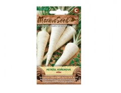 Samenpackung Petersilienwurzel Alba von Moravoseed mit Bild weißer Wurzeln dreieckiger Form auf grünem Hintergrund mit Markenlogo