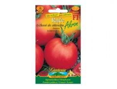 Confezione semi pomodoro a grappolo Akron F1 con raffigurazione di frutti rossi rotondi, busta verde con istruzioni per la coltivazione in serra