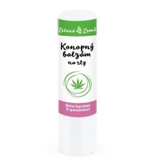 Bílý kulatý obal konopného balzámu na rty Zelená Země s zeleným logem značky nahoře, nápisem produktu uprostřed a růžovým pásem s textem Beta-karoten Bílý kulatý obal konopného balzámu na rty Zelená Země s zeleným logem značky nahoře, nápisem produktu uprostřed a růžovým pásem s textem Beta-karoten