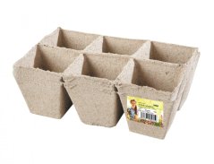 Zestaw dwunastu beżowych doniczek torfowych z wycięciem 8x8cm ułożonych w zwartym bloku, wykonanych z naturalnego materiału