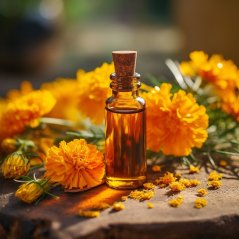 Piccola bottiglietta di vetro marrone con tappo in sughero contenente olio dorato, posizionata tra freschi fiori di calendula arancioni su superficie in legno Piccola bottiglietta di vetro marrone con tappo in sughero contenente olio dorato, posizionata tra freschi fiori di calendula arancioni su superficie in legno