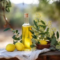 Glazen fles met gele olie en kurken stop, omringd door verse citroenen en groene takjes met gele bloemen op houten tafel Glazen fles met gele olie en kurken stop, omringd door verse citroenen en groene takjes met gele bloemen op houten tafel