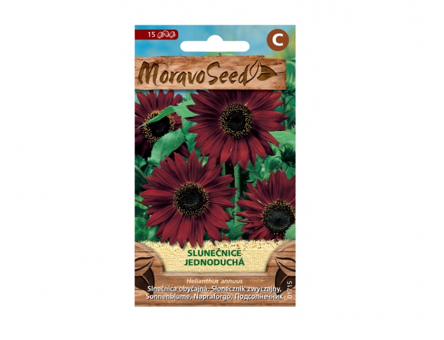 Balení semen Moravoseed slunečnice jednoduché s obrázkem tmavě červených květů s černými středy na zeleném pozadí, obsahuje 15 semen
