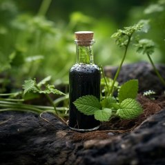 Botella de vidrio oscuro con tapón de corcho que contiene extracto de hierbas negro colocada entre hojas verdes frescas en un tocón de madera en la naturaleza Botella de vidrio oscuro con tapón de corcho que contiene extracto de hierbas negro colocada entre hojas verdes frescas en un tocón de madera en la naturaleza
