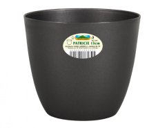 Maceta de plástico negro Patricie de 15 cm de diámetro y 13 cm de altura con forma redonda y superficie lisa, con etiqueta blanca visible