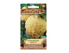 Samenpackung Sellerie ASTERIX F1 von Moravo Seed mit Foto einer kugelförmigen Knolle mit hellbeiger Schale und Wurzelsystem auf grünem Hintergrund
