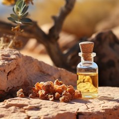 Piccola bottiglia di vetro con tappo in sughero riempita di olio d'incenso dorato, posizionata su formazioni rocciose marroni con pezzi sparsi di incenso Piccola bottiglia di vetro con tappo in sughero riempita di olio d'incenso dorato, posizionata su formazioni rocciose marroni con pezzi sparsi di incenso