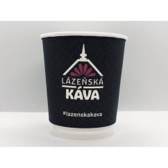 Vaso de papel negro de 200ml con logo Lázeňská Káva, borde blanco y hashtag, ideal para bebidas calientes, paquete de 50 unidades