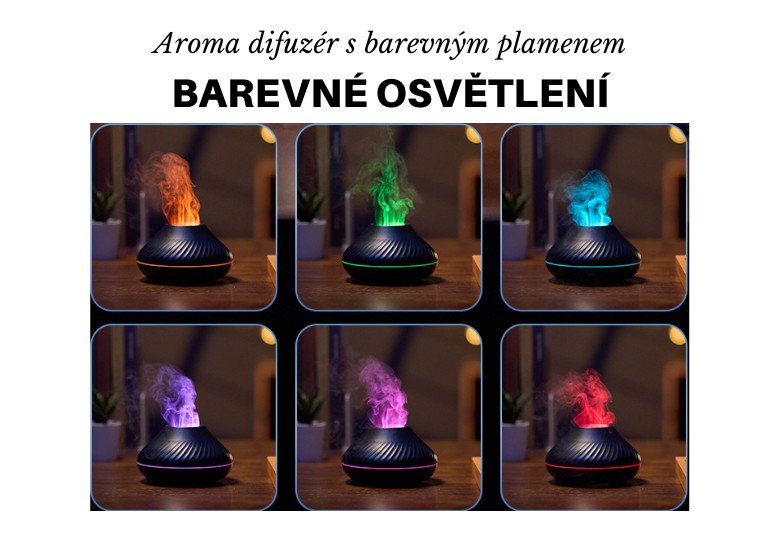 Šest černých aroma difuzérů s barevným plamenem v různých barvách - oranžová, zelená, modrá, fialová, růžová a červená barva plamene
