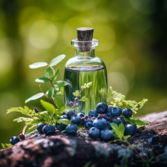 Стъклено шише с корков капак, съдържащо зелено БИО боровинково масло, поставено върху дърво между пресни сини боровинки и зелени клонки Стъклено шише с корков капак, съдържащо зелено БИО боровинково масло, поставено върху дърво между пресни сини боровинки и зелени клонки