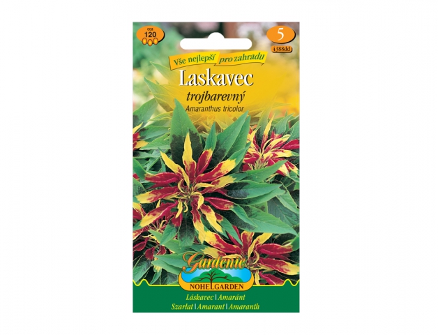 Paquete de semillas de amaranto tricolor con imagen de hojas de colores en tonos verdes, rojos y amarillos en envase de jardinería