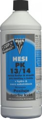 Bílá plastová láhev s černým uzávěrem HESI PK 13/14 1l, fosfor a draslík pro rostliny v květu, modrý štítek s bílým textem