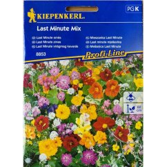 Kiepenkerl Last Minute Mix vetőmag kék címkével, virágzó egynyári növényeket ábrázoló színes fotóval sárga, piros és rózsaszín árnyalatokban