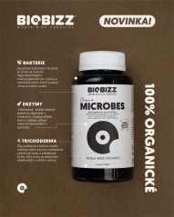 Biobizz Microbes 150g - černá plastová lahvička s bílým uzávěrem a bílým štítkem obsahující mikroorganismy na hnědém pozadí