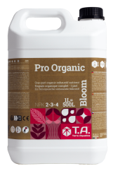 Bílý plastový kanystr 5 litrů T.A. Pro Organic Bloom s hnědým štítkem, černým uzávěrem a růžovými grafickými prvky pro organické hnojivo