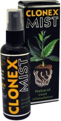 Clonex Mist 300ml kořenový stimulátor v černé plastové lahvičce s rozprašovačem a barevnou krabičkou se zelenou rostlinou a kořeny