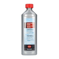 Descalcificador líquido Nivona NIRK 703 en botella de plástico transparente con tapa roja, etiqueta azul con texto Special Liquid Descaler, 500 ml