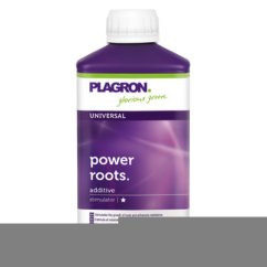 Fialová plastová láhev Plagron Power Roots 500ml s bílým uzávěrem, organický kořenový stimulátor s moderním designem etikety na bílém pozadí