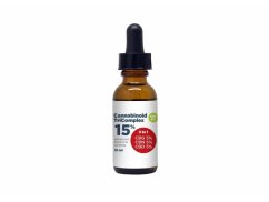 Hnědá skleněná lahvička s pipetou Fair CBD olej Tricomplex obsahující 5% CBD, 5% CBN a 5% CBG s objemem 10ml na bílém pozadí