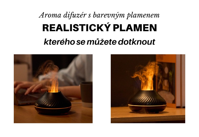 Dva černé aroma difuzéry s barevným plamenem, jeden s oranžovým a druhý se žlutým realistickým plamenem, elegantní domácí dekorace