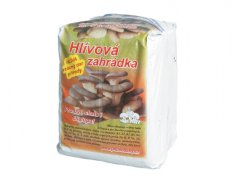 Bílé balení Hlívová zahrádka s oranžovo-zeleným designem, zobrazuje hnědé hlívy ústřičné, hmotnost 6kg pro pěstování hub doma