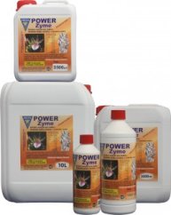 Hesi PowerZyme 5l préparation enzymatique dans bidons plastiques blancs de différentes tailles avec étiquettes oranges et bouchons rouges