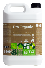 Recipient din plastic alb T.A. Pro Organic Grow 5l cu etichetă maro, capac negru și motive vegetale verzi pentru îngrășămant organic de creștere Recipient din plastic alb T.A. Pro Organic Grow 5l cu etichetă maro, capac negru și motive vegetale verzi pentru îngrășămant organic de creștere