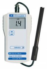 Monitor Milwaukee MW 302 EC - dispositivo digitale bianco per misurare la conduttività con display LCD che mostra 1.4 mS, sonda nera e cavo