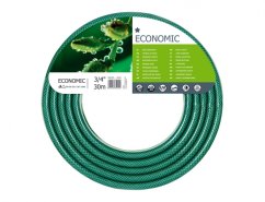 Tubo da giardino verde EKONOMIK 3/4 30m arrotolato in cerchio con etichetta bianca contenente specifiche tecniche e informazioni sul prodotto