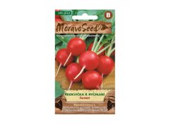 Emballage de graines de radis à forcer Faraon de MoravoSeed avec image de radis rouges ronds sur emballage vert, contient 250 graines Emballage de graines de radis à forcer Faraon de MoravoSeed avec image de radis rouges ronds sur emballage vert, contient 250 graines