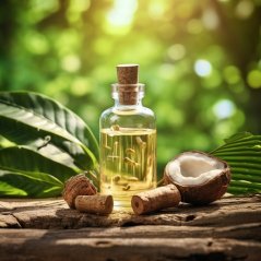 Glazen flesje met kurken dop gevuld met goudachtige babassu-olie, naast gehalveerde kokosnoot en kurken op houten plank in tropisch groen Glazen flesje met kurken dop gevuld met goudachtige babassu-olie, naast gehalveerde kokosnoot en kurken op houten plank in tropisch groen